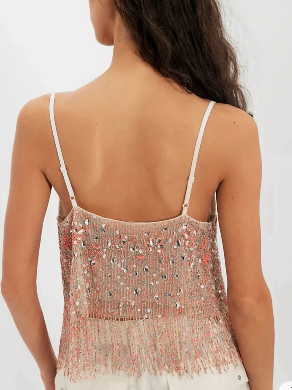 Free People Juliet Beaded Fringe Cami Top in Coral Pink